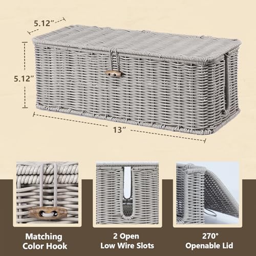 BROWNLILY Cable Management Box, Rattan Style Cord Organizer for Desk Cord Hider Outlet Covers for Power Strip TV PC Router Charger Under Desk Storage with Lockable Lid and Cable Ties - color: Gray, size: M