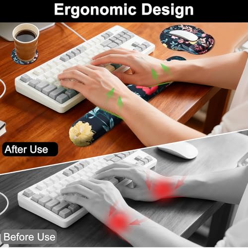 Keyboard Wrist Rest Mouse Pad with Wrist Support, Gaming Mousepad with Non-Slip Base, Ergonomic Mouse Wrist Arm Cushion Support for Home Office Laptop Computer, Easy Typing for Pain Relief, Flowers - color: Flowers