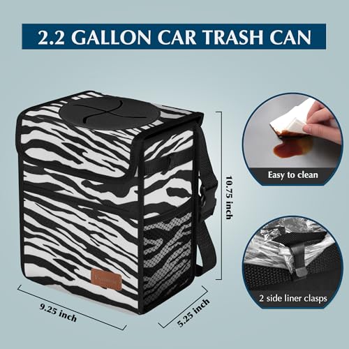 Femuar Car Trash Can with Lid - Leak Proof, Waterproof, Zebra Stripe, SUV Multipurpose Car Hanging for Headrest, Collapsible, Portable with Storage Mesh Pocket - color: Zebra Stripe, size: 2.25 Gallons