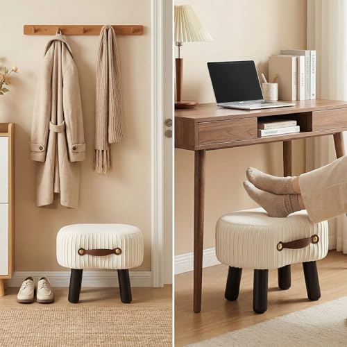 Foot Stools Small, White Ottomon with Handle, Velvet Footrest | Curved Foot Stool with Padded Seat Wooden Legs, Portable Foot Rest for Living Room, Bedroom, Entryway (White) - color: Bright White