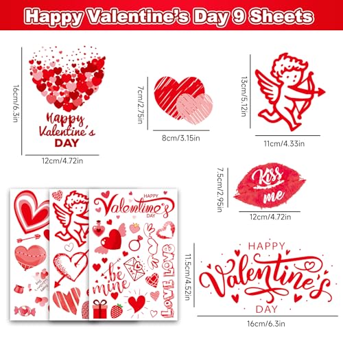9 Sheets Valentines Window Clings, Valentines Day Decorations Heart Decor | Valentine Red Heart Stickers Window Decals for Home Office Classroom, Cute Cupid Spring Decor for Indoor Party Date Nights - color: Valentine's Special