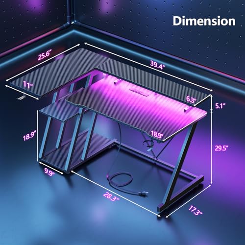 Korfile 40 Inch Gaming Desk with Power Outlet & LED Lights, L Shaped Computer Gaming Table with 3 Tiers Storage Shelves, Corner Gamer Desk with Monitor Stand for Small Space, Carbon Fiber Black - color: Carbon Fiber Black, size: 40 Inches