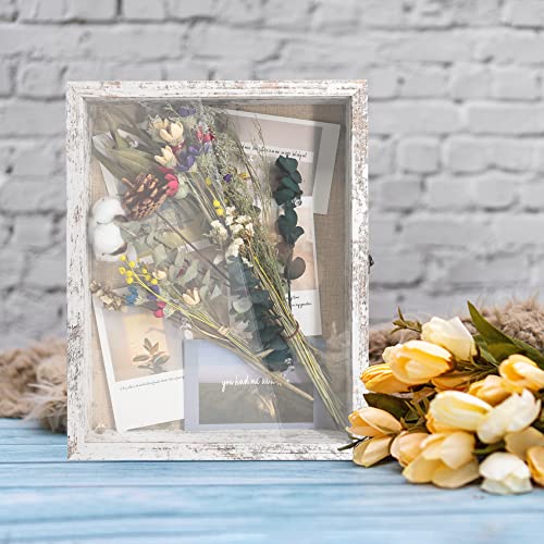 GraduationMall 11x14 Wood Shadow Box Frame Glass Door Display Case with Linen Back and 6 Stick Pins,1.5 inches Interior Depth,Ideal for Memorabilia Pictures Flowers Medals Tickets Rustic White - color: Rustic White, size: 11x14