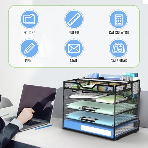 Docnest 5 Tier Mesh Desk Organizer with Adjustable Compartments - Stackable Letter Tray with Built-in Pen Holder & Handles - Desktop File Storage for Office, Home, School Supplies - Black - color: Black