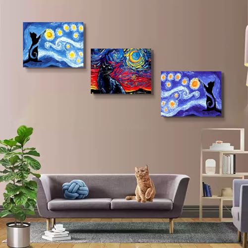 3Pcs Framed Black Cat Starry Night Canvas Wall Art Animals in Famous Paintings Prints Gallery Wrap Vintage Poster Home Decor Picture Modern Abstract Art 16x24 Inch - color: Black star cat-2, size: 16x24inch
