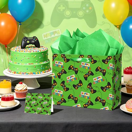 Large Video Game Birthday Gift Bag with Wrapping Tissue Paper and Greeting Card Green Gaming Controller Present Wrapping Bag for Boys Kids Teens Gamers Happy Birthday Party Supplies Gifts Son Grandson