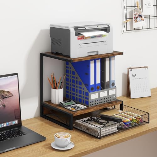 ELITEROO 2-Tier Desktop Printer Stand with Storage Drawer, Wooden Printer Stand for Desk, Small Printer Table with Shelf for Home Office, Fits Fax Machine, Scanner, 3D Printer, Rustic Brown - color: Rustic Brown with Drawer