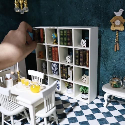 Miniature Furniture Storage Rack 1/12 Dollhouse Furniture 16 Grid Shelf Bookshelf Display Shelf Wall Rack Stand Mini House Scene Decoration (White) - style: White
