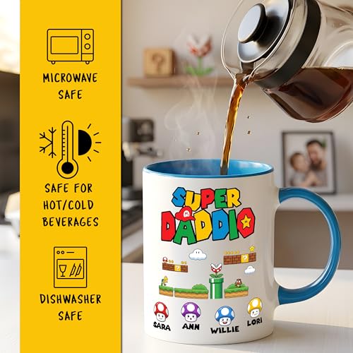 Personalized Super Daddio Mug for Dad - Custom Coffee Cup with Kids Names, Two-Sided Print - Gifts for Fathers Day, Dad Birthday Gift, Daddio Ceramic Cup, 11 Oz or 15 Oz, 9 Colors - color: Super Daddio Mug