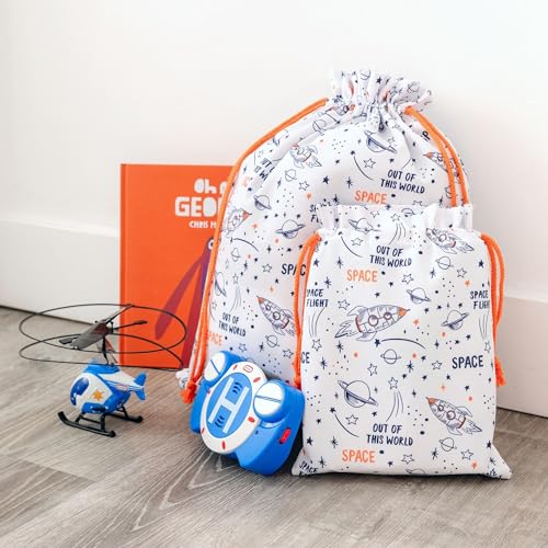 Gather & Knot Drawstring Gift Bags | 20" Large 12" Small | Premium Canvas | Reusable Fabric Wrap for Boys Birthdays, Baby Shower | Space - color: Space