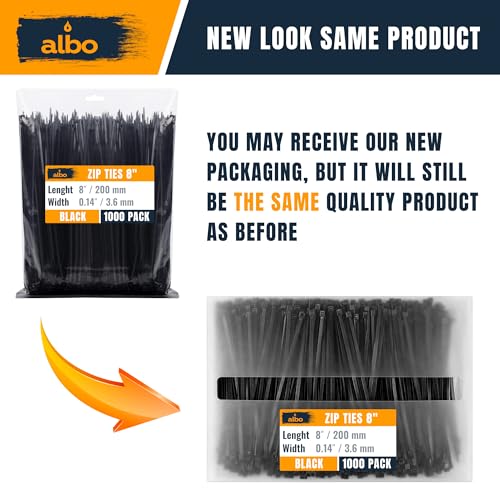 ALBO Zip Ties Black 8 Inch 1000 Pack 40 lb, Long Plastic Cable Ties Thick 0.14 Inch Tie Wraps Heavy Duty UV Resistant Nylon Wire Ties for Indoor and Outdoor - size: 8" Black 1000 Pack 40lb