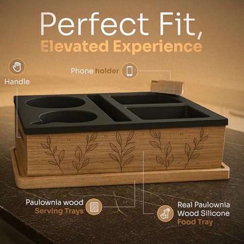 Couch Cup Holder and Serving Tray , Anti- Spill Couch Caddy , Silicone Paulownia Wood Cup Holder for Couch , Proof Couch Caddy Practical for Drinks ,Snacks, Remote Control, Rotatable Phone Holder.