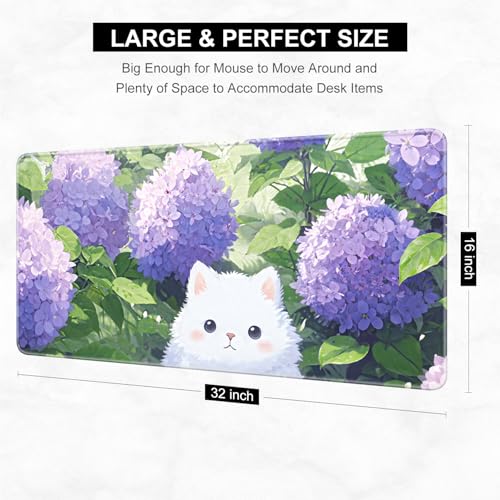 Desk Pad, 32" x 16" XXXL Extended Large Gaming Mouse Pad, Desktop Decor Desk Mat, Men Women Office Supplies and Accessories, Cute Anime Mouse Mat for Laptop & Keyboard, Purple Hydrangea Cat - color: Purple Hydrangea Cat