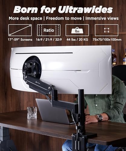 ULTRARM Heavy Duty Monitor Arm for Ultrawide Monitors up to 57" and 44 lbs, Single Desk Stand, Pneumatic Height Adjustable, Modular Extension Arms - Max VESA 100x100, Black, MA20P-S | Max 57", 44 lb, 900R Screens, VESA 100x100, Upgradable, Pneumatic Heigh