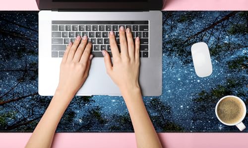 Extended Desk Mat (31.5x11.8 inch 3mm Thick), iDonzon Soft Cute Extra Large XXL Waterproof Gaming Mouse Pad with Non-Slip Rubber Base & Stitched Edges, for Working/Game, Forest Starry - color: Blue