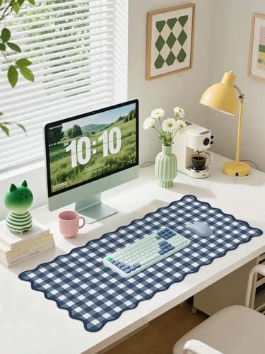 Scalloped Checkered Desk Mat Cute Dark Blue XXL Large Gaming Mouse Pad Gingham Kawaii Cottagecore Vintage Laptop Keyboard Computer Mat for Desktop Aesthetic Desk Pad Accessories Decor - color: B1-dark Blue
