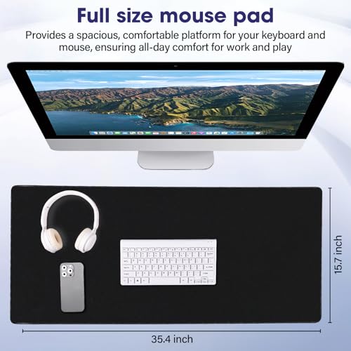 Large Extended Mouse Pad with Stitched Edges 35.4"x15.7" - Waterproof Desk Mat, Non-Slip Rubber Base for All-Desk Coverage, Perfect for Gaming Office Home, Black