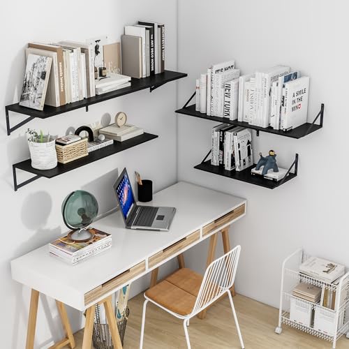 Heimlove Black Deep Floating Shelves for Wall, 24W x 12D Wood Wall Shelves Set of 2, Wide Floating Bookshelf for Living Room, Kitchen, Office, Bedroom and Decor Storage, with Metal Bracket - Black - color: Black With Black Metal Bracket, size: 24wx12dx5.8