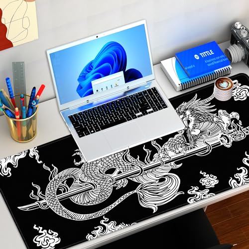 Japanese Dragon Large Gaming Mouse Pad for Desk, Black Mouse Pad Gaming Mouse Mat Desk Pad, Non-Slip Base Computer Pad Keyboard Mat, 31.5x11.8in XL Mousepad with Stitched Edge for Home Office - color: Japanese Dragon