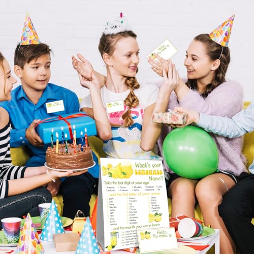Funny Lemonades Games Sign Cards Set, What's Your Lemonades Name Game Card, Lemonade Party Game Cards, 1 Lemonade Name Sign, 30 Lemon Name Sticker Card, Birthday Party Games Decoration for Boys Girls - style: Lemonades