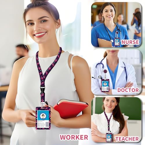 ID Badge Holder with Lanyard Fashionable ID Card Holders with Retractable Lanyards Soft Fiber Metal Clip Sturdy Buckle for Key Wallet Work Nurse Teacher (Cute Pink Ribbon) - color: Cute Pink Ribbon