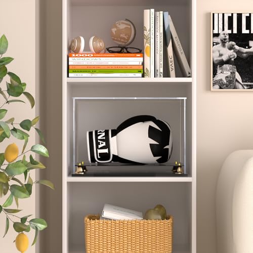 Boxing Glove Display Case, Clear Acrylic Display Box, Self-Assembly Full Size Baseball Glove Holder Showcase, Football Mitt Ball Display Case with Metal Bell Base (14.4x9.3x9.4 inch) - size: 14.4 x 9.3 x 9.4 inch