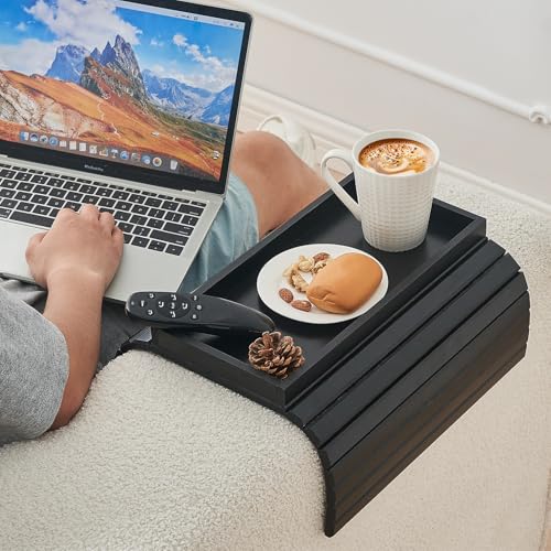 LOVYANXUE Bamboo Sofa Arm Tray, Anti Falling Couch Arm Tray Table, Foldable Couch Armrest Table, Portable Sofa Armrest Trays Cup Holder for Drink, Cups, Phone, Snacks, Remote - color: Black, size: Large (without Phone Holder)