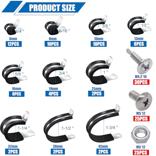 Twidec/136PCS Cable Clamps Assortment Kit 304 Stainless Steel Rubber Coated Cushion Clamps 10 Sizes 1/4" 5/16" 3/8" 1/2" 5/8" 3/4" 1" 1-1/4" 1-1/2" 1-3/4" With Screw For Automotive Wire Pipe Clamps - size: Multi-Size - 136 PCS