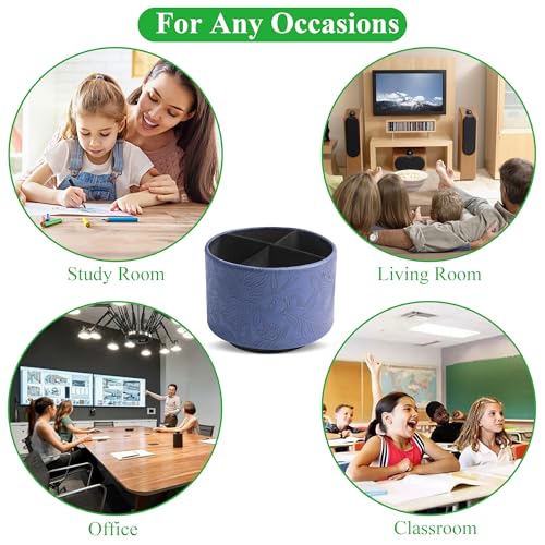 Round Leather Art Supply Organizer,Remote Control Holder,360 Degree Spinning,Multi-Functional Pencil Holder,4 Compartments Desktop Stationary Organizer(1-Carved Dark Blue) - color: 1-Carved Dark Blue