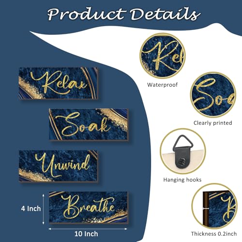 ONIZHITY 4 Pcs Blue and Gold Bathroom Decor Navy Blue Gold Wall Decor Relax Soak Unwind Breathe Wooden Rustic Marble Style Versatile Bathroom Accessories for Bedroom Living Room Decor(10X4) - color: Blue Gold, size: 10 X 4 Inch