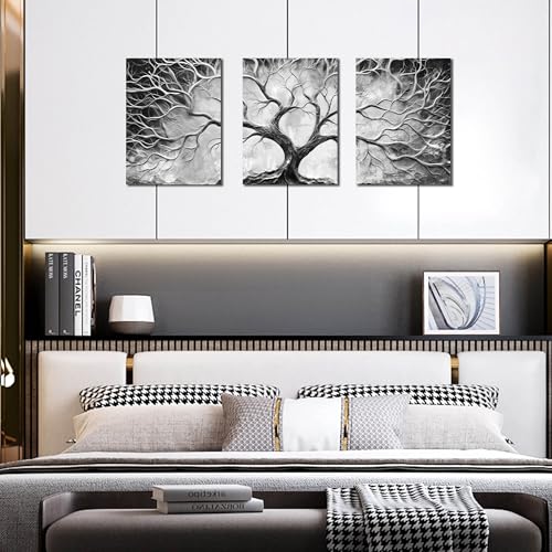 Tree Wall Art for Living Room - Modern Black and White Pictures Wall Art for Bedroom - 3 Piece Wall Decor for Office Size 12" x 16" - color: Black and White, size: 16"L x 12"W x 3 PCS