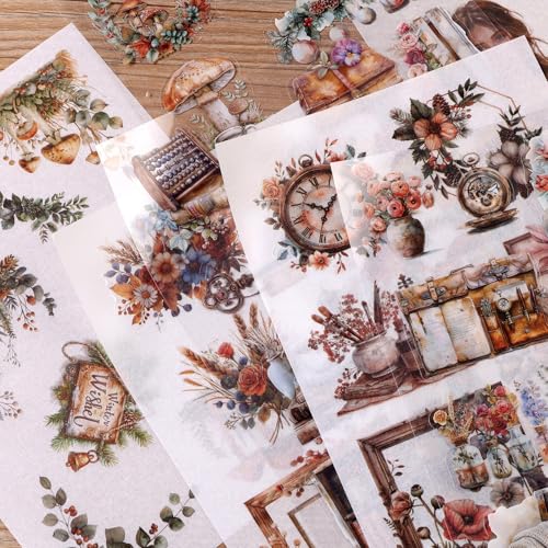 Scrapbooking Stickers 20 Sheets Pre-Cut 200 washi Stickers PET People Sticker Books for journaling Scrapbook Supplies Flower Transparent Journal Sticker - color: Beige