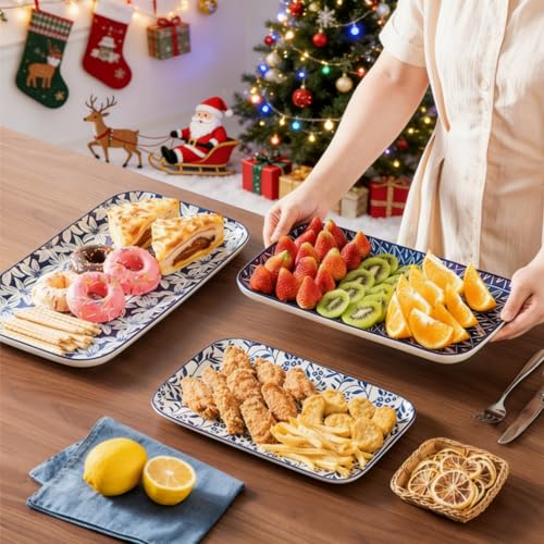 vancasso Porcelain Serving Trays for Party, Serving Platters Set of 3,Serving Dishes for Entertaining, Ceramic Party Trays and Platters for Serving Food, 16"/14"/12" Inch, Series SELENE - color: Vintage Blue A