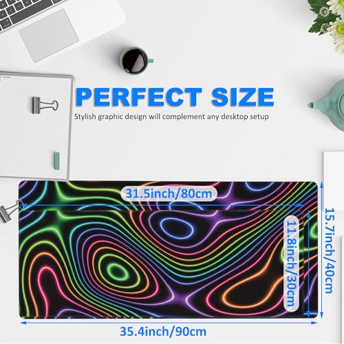 Desk Mat, Colorful Neon Topographic Contour Map Extended Gaming Mouse Pad Large, 35.4"x15.7" Big Mouse Pad with Non-Slip Base and Stitched Edge, Long Computer Keyboard Mouse Mat for Home Office Work - color: Neon Light Contour Map, size: 35.4"x15.7"