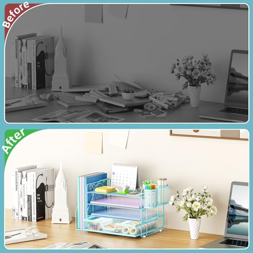 Marbrasse Desk Organizer and Accessories,4-Tier Paper Letter Tray Organizer with File Holder, Desk Accessories & Workspace Organizers with Drawer and 2 Pen Holder (Blue, 15.4" x 9.1" x 8.3") - color: Blue