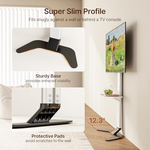 Ultra Slim Floor TV Stand for 37–86 Inch TVs, Modern Curved Base with Shelf, Adjustable Height & Tilt, Space-Saving Design with Cable Management, Fits VESA 600x400mm, White - color: White, size: Basic - 51.5" H