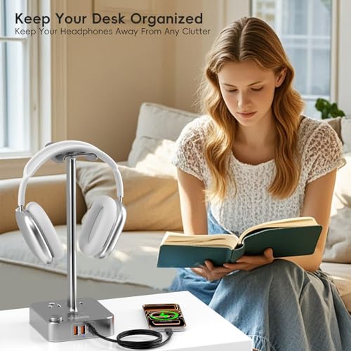 Headphone Stand with PD Fast Charger & QC3.0,Gaming Headset Holder with 3 USB Ports 2 AC Outlets for Desk,Cool Gamer Gifts for Men,Boyfriend,Teen Boys,Friends – Perfect Gaming Accessories & Room Setup - color: Gray 3.0 & PD