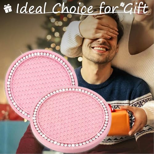 BFXM 2 PCS Bling Cup Holder Coasters for Car, 2.75 inch Diamond Universal Non-Slip Pink Silicone Cup Holder Coasters, Sparkly Bling Car Accessories for Women(White Diamond) - color: Pink+bling White