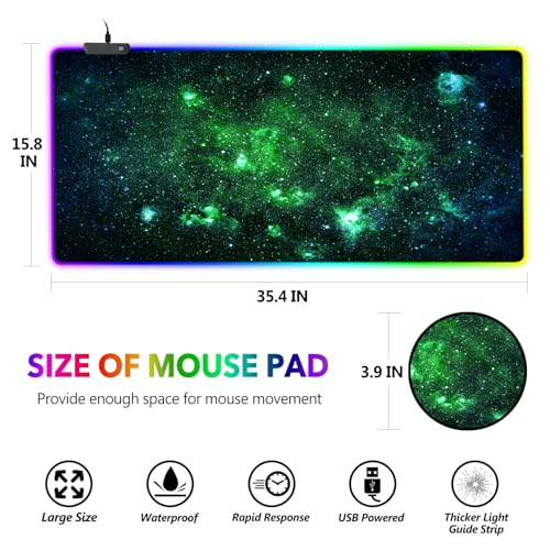 AIMSA RGB Gaming Mouse Pad Extended, Large Led Mousepads Non-Slip Rubber Base with 14 Lighting Modes, Computer Keyboard Mat Soft Desk pad 35.4 x 15.8 inches, Green Star River - color: Green Star River