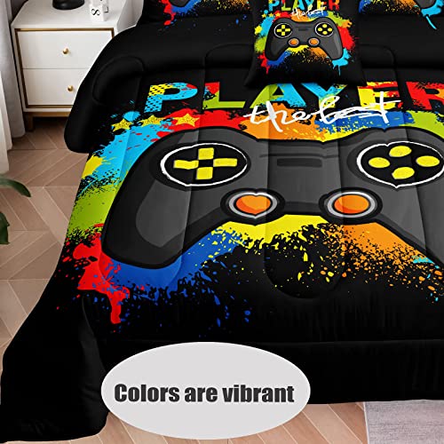 6 Pieces Bed in a Bag for Gaming Bedding Set,Boys Gamer Comforter Set with Flat Sheet,Fitted Sheet,Pillowcases,Cushion Cover,Game Console Pattern Bed Set for Kids Boys Room Decor - color: A19 Colorful, size: Queen
