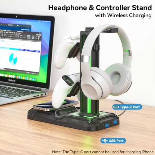 KDD Headphone & Controller Stand with Wireless Charging - Rotatable Headset Stand with 9 Light Modes - Controller Holder with 2 USB and Type C Ports - for Gamers Desktop Accessories - color: Black