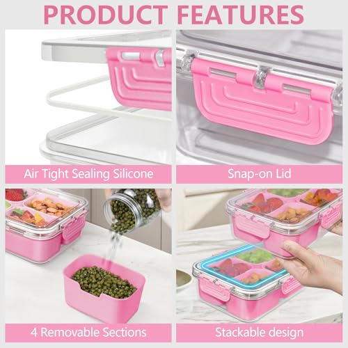 Small Snack Box Container, Updated PP Dishwasher Safe Divided Serving Tray with Lid, 4 Compartment Snack Box Container for Candy, Fruits, Charcuterie, Travel & Parties, BPA-Free, 2 Pack - color: Pink 2 Pack