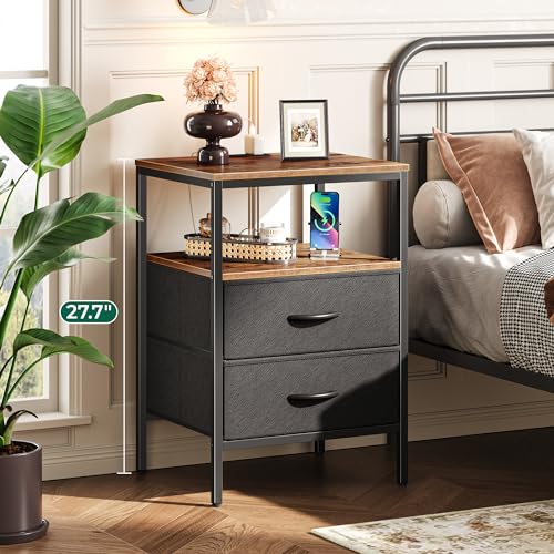 Huuger Night Stand with Charger Station, 27.7 Inch Tall Nightstand, Bed Side Table with 2 Fabric Drawers, Fabric Drawer Dresser for Bedroom, Living Room, Rustic Brown and Black - color: Rustic Brown and Black, size: 11.8"d X 17.7"w X 27.7"h (2 Drawers)