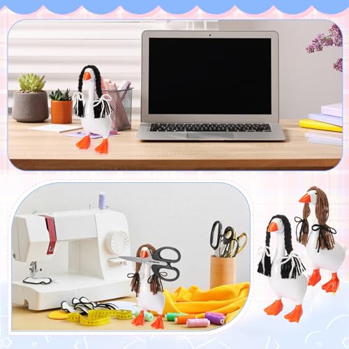 Suncalla 6 Pcs Mini Desk Goose Wigs Hand Knitted Goose Outfits 7'' Desk Geese Braid Accessories Wig Crochet Hook Wig for Xmas Gift 7 Inch Geese Figurine Desktop Home Decoration