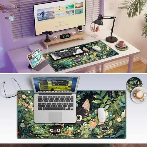Canjoy Cute Black Cats Mouse Pad Set, 4-in-1 Kawaii Anime Mouse Pad + Keyboard Wrist Rest Support+ Coaster, (35.4×15.7 in) Extended Desk Pad Memory Foam Non-Slip Desk Mat for Home Office - color: Black Cats