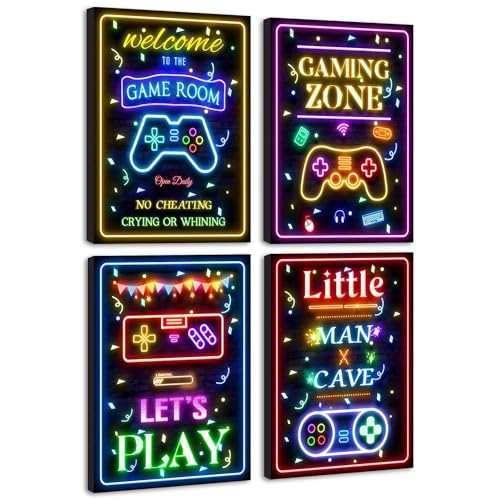 Video Game Decor for Teen Boys Gaming Wall Neon Sign Gamer Room Welcome Little Man Cave Teenage Bedroom Posters Decor Ready to Hang Set of 4, 12x16in (Framed) - size: 16L" x 12W" x 4 Panels