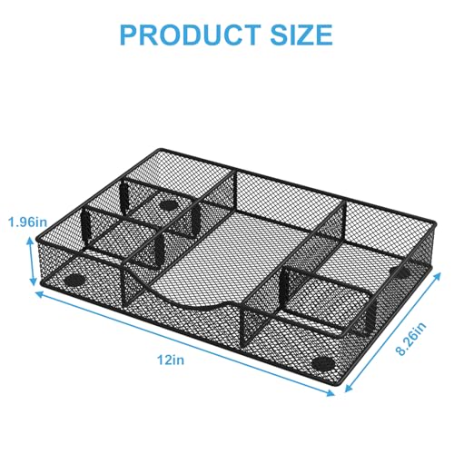 VyGrow Desk Drawer Organizer Tray, Metal Mesh Drawer Organizers Office, 6 Adjustable Compartment, Desk Organizer Tray for Home Office 12 x 8.26 x 1.96 inch, Black, 1 Pack - color: 1PC Small