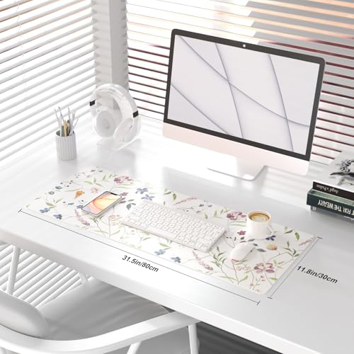 QIYI Floral Mouse Pad, Large Desk Mat for Desktop, Women Girls Watercolor Flowers Office Décor Desk Accessories, PU Leather Waterproof Gaming Mousepad, Wildflowers Desk Pad Computer Mat, 31.5" x 11.8" - color: Delicate Branches, size: 31.5" x 11.8"