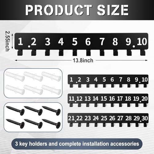 Key Holder Wall Mounted with 30 Hooks, Customizable Metal Key Organizer Rack with Numbered 1-30 Tags, Wall Mount Hanger for Apartment Office Hotel Garage Entryway, Black