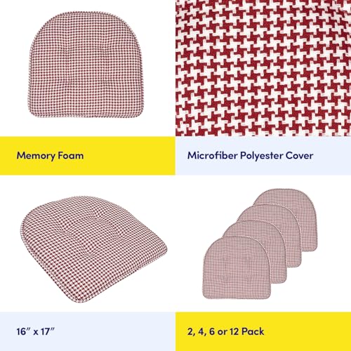 Sweet Home Collection Chair Cushion Memory Foam Pads Tufted Slip Non Skid Rubber Back U-Shaped 17" x 16" Seat Cover, 4 Count (Pack of 1), Houndsooth Red - color: Houndsooth Red, size: 4 Pack, style: Foam Pads